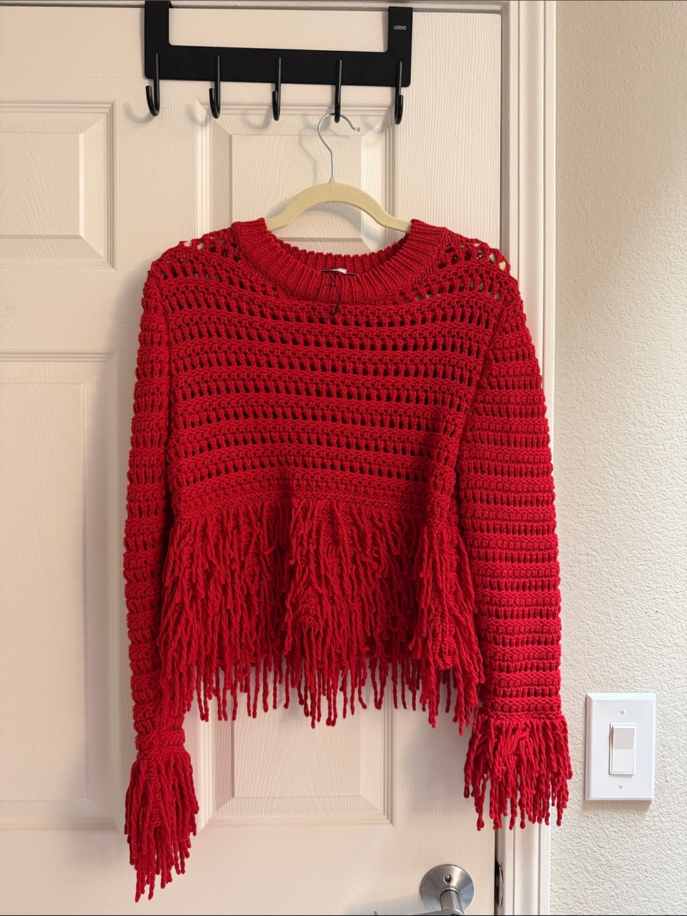 Zara Red Crochet Fringe Crew Neck Sweater